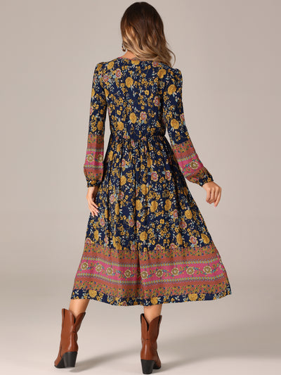 Boho Floral Long Sleeves Pocketed Slit A-Line Midi Dress