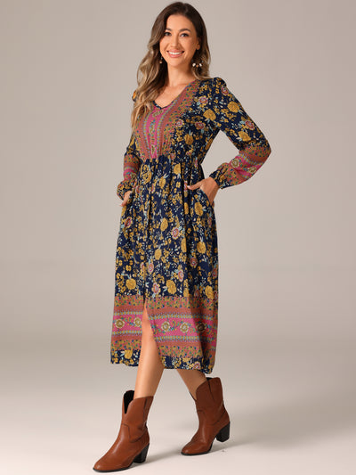 Boho Floral Long Sleeves Pocketed Slit A-Line Midi Dress