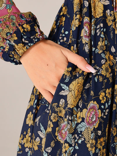 Boho Floral Long Sleeves Pocketed Slit A-Line Midi Dress