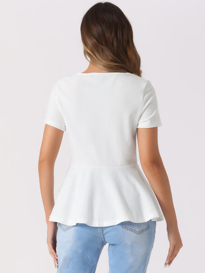 Short Sleeve Round Neck Solid Color Peplum Blouse