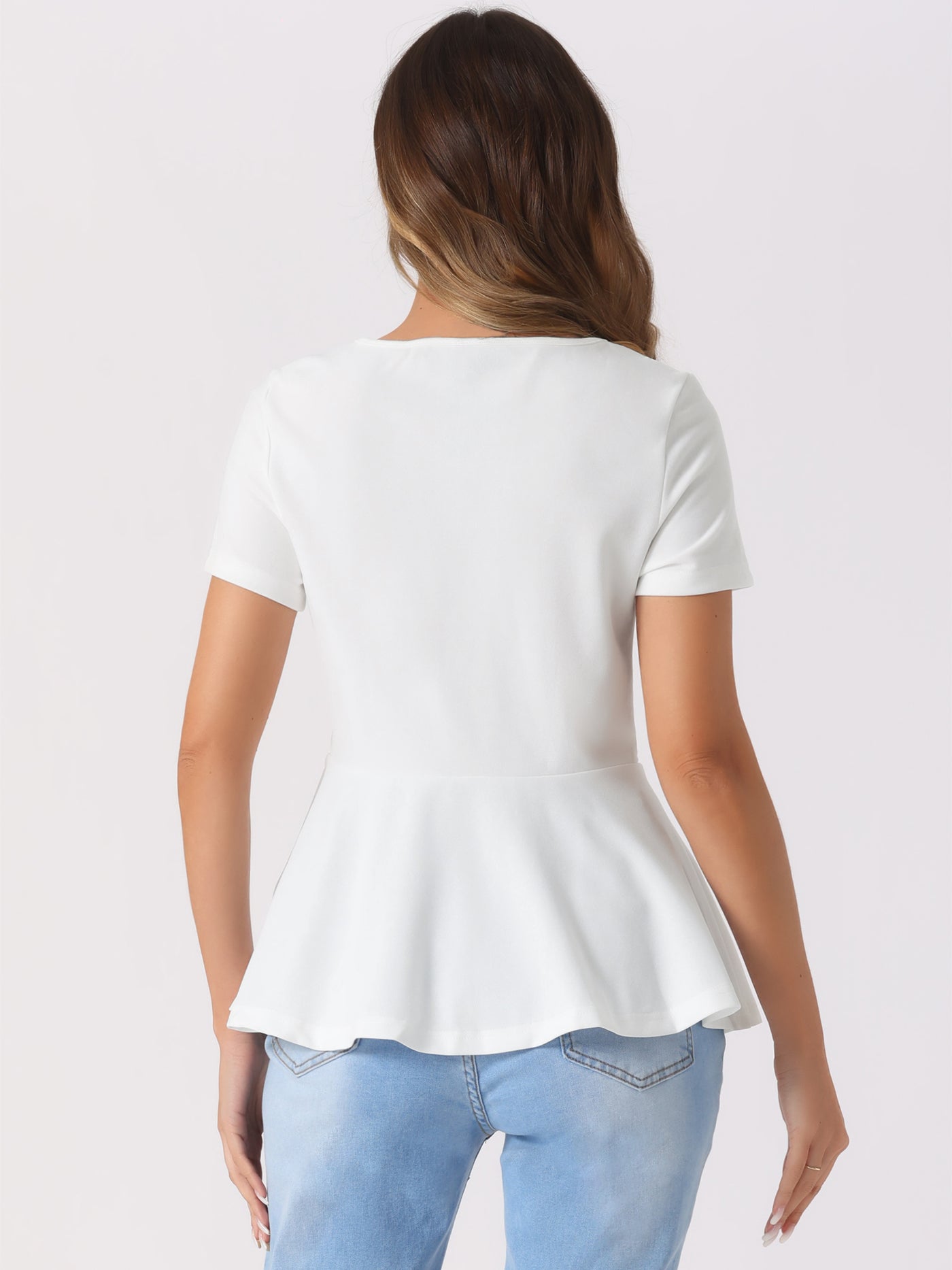 Allegra K Short Sleeve Round Neck Solid Color Peplum Blouse