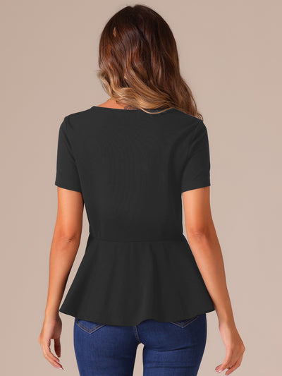 Short Sleeve Round Neck Solid Color Peplum Blouse