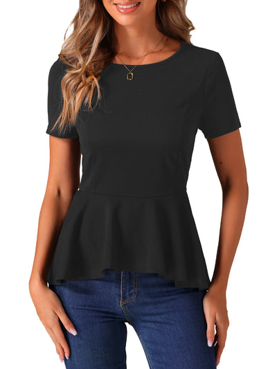 Short Sleeve Round Neck Solid Color Peplum Blouse