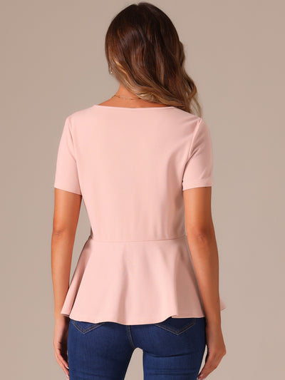 Short Sleeve Round Neck Solid Color Peplum Blouse