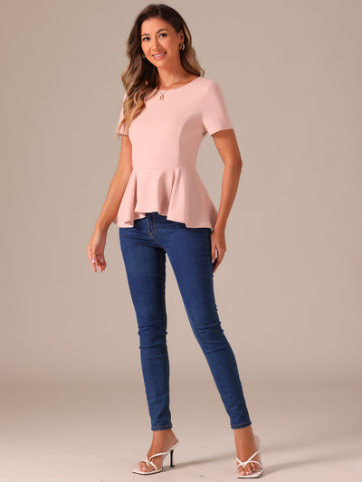 Short Sleeve Round Neck Solid Color Peplum Blouse