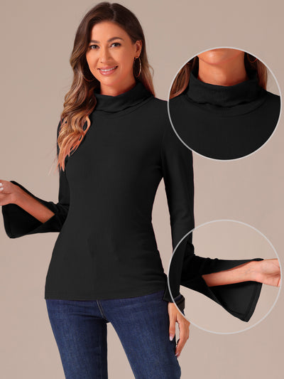 Casual Turtle Neck Split Long Sleeves Basic Tee Top