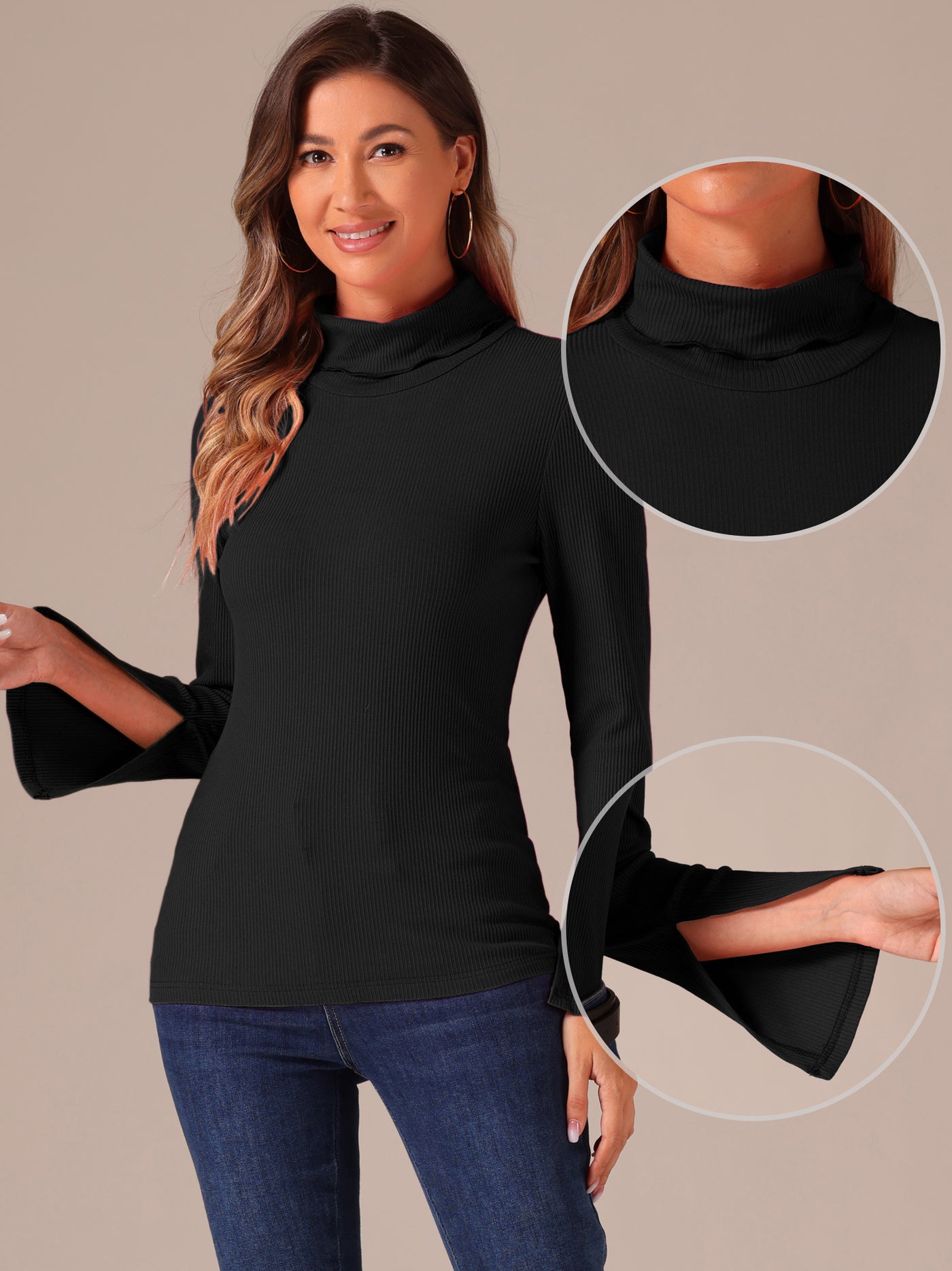 Allegra K Casual Turtle Neck Split Long Sleeves Basic Tee Top