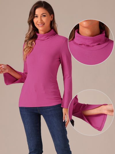 Casual Turtle Neck Split Long Sleeves Basic Tee Top