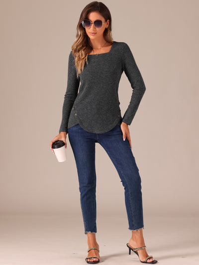 Long Sleeve Square Neck Button Decor Textured Ribbed Knit Top