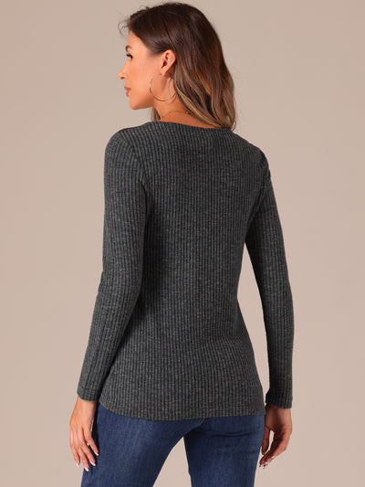 Long Sleeve Square Neck Button Decor Textured Ribbed Knit Top