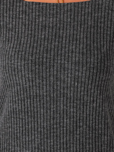 Long Sleeve Square Neck Button Decor Textured Ribbed Knit Top