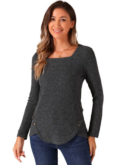 Long Sleeve Square Neck Button Decor Textured Ribbed Knit Top