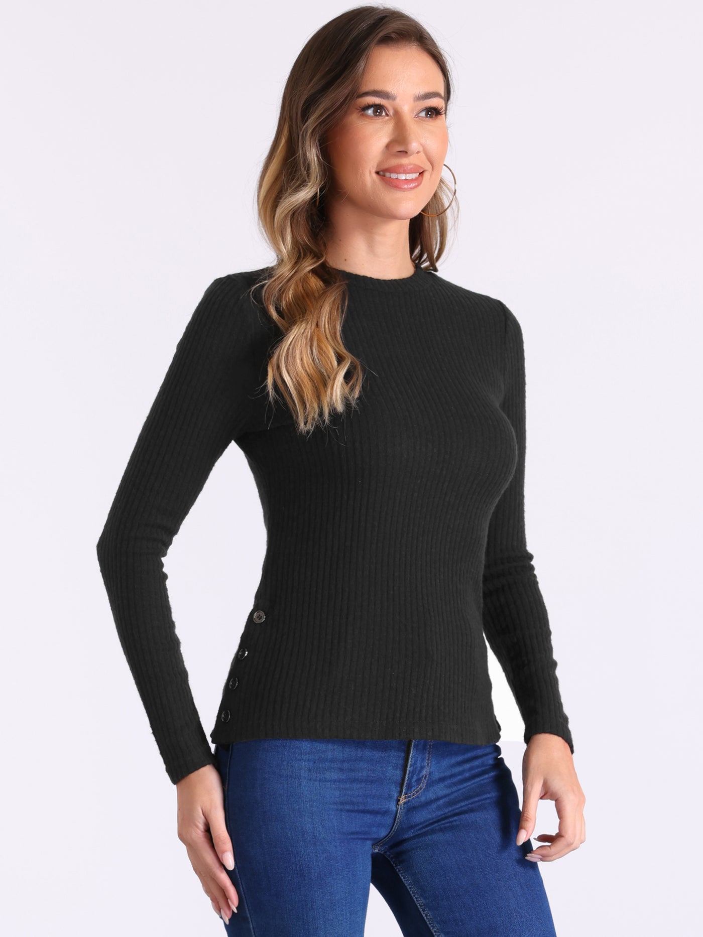 Allegra K Stretch Long Sleeve Crew Neck Casual Basic Knit Sweater Tops