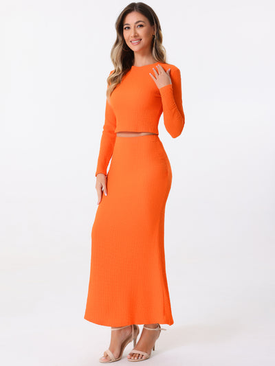 2 Pieces Long Sleeve Textured Cropped Top & High Waist Mermaid Fishtail Maxi Skirt Set