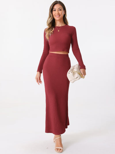 2 Pieces Long Sleeve Textured Cropped Top & High Waist Mermaid Fishtail Maxi Skirt Set