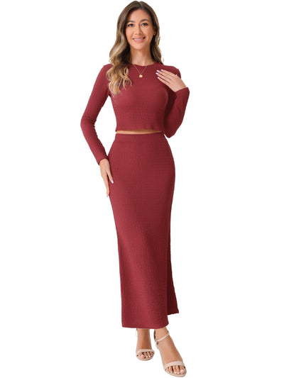 2 Pieces Long Sleeve Textured Cropped Top & High Waist Mermaid Fishtail Maxi Skirt Set