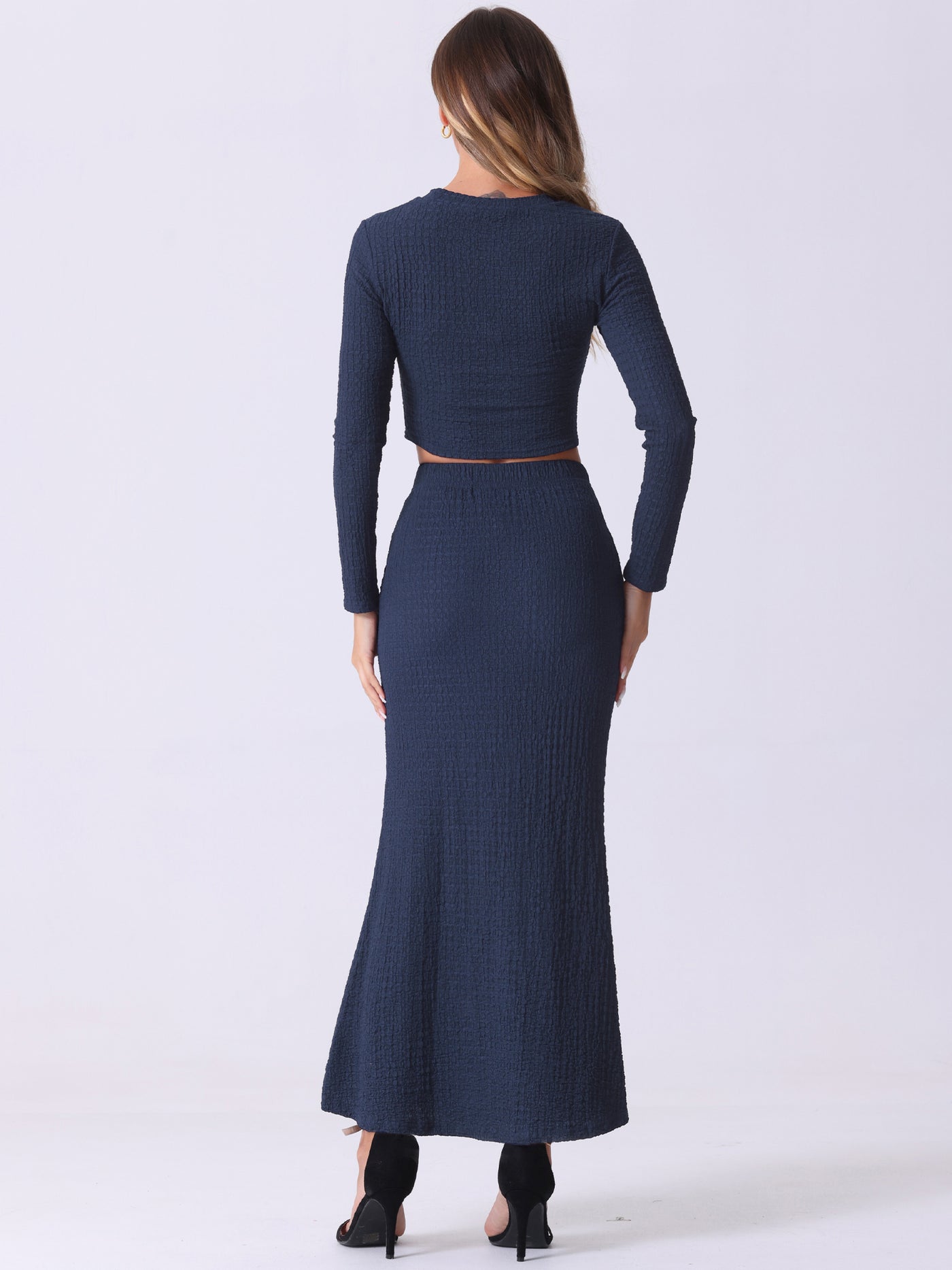 Allegra K 2 Pieces Long Sleeve Textured Cropped Top & High Waist Mermaid Fishtail Maxi Skirt Set