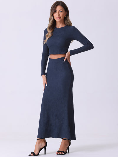 2 Pieces Long Sleeve Textured Cropped Top & High Waist Mermaid Fishtail Maxi Skirt Set