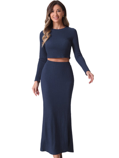 2 Pieces Long Sleeve Textured Cropped Top & High Waist Mermaid Fishtail Maxi Skirt Set