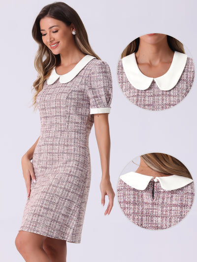 Tweed Peter Pan Collar Puff Short Sleeve A-line Midi Dress