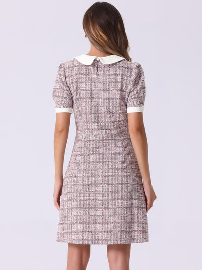 Tweed Peter Pan Collar Puff Short Sleeve A-line Midi Dress