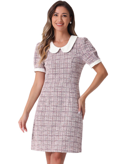 Tweed Peter Pan Collar Puff Short Sleeve A-line Midi Dress