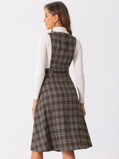 Plaid Overall Vintage Sleeveless Pockets A-Line Pinafore Dress