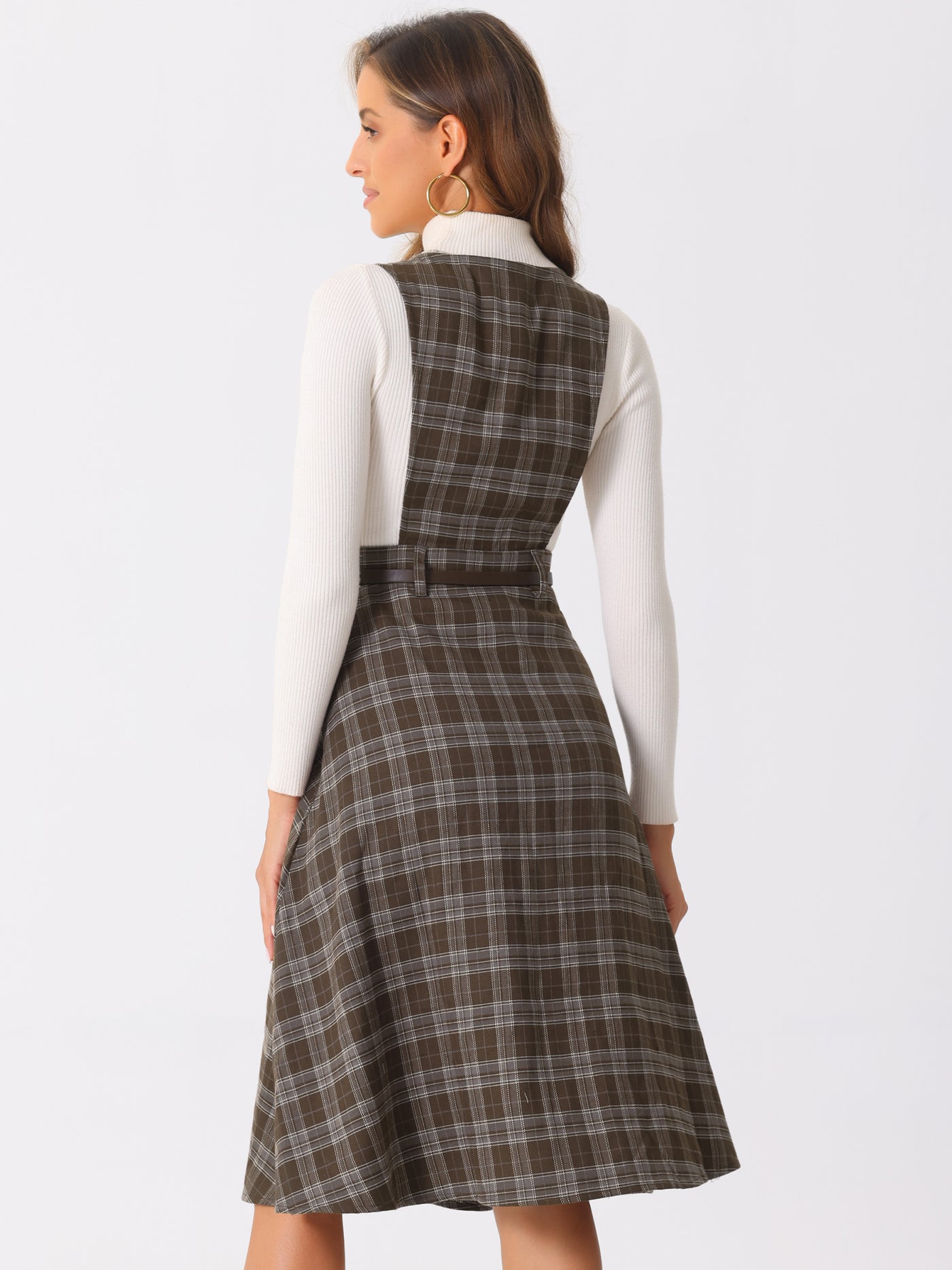 Allegra K Plaid Overall Vintage Sleeveless Pockets A-Line Pinafore Dress