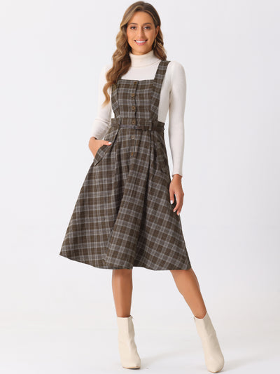 Plaid Overall Vintage Sleeveless Pockets A-Line Pinafore Dress