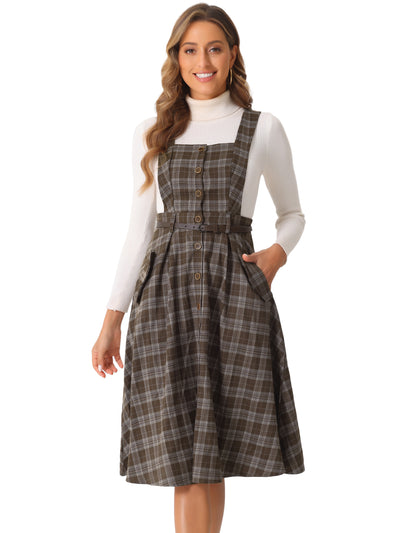 Plaid Overall Vintage Sleeveless Pockets A-Line Pinafore Dress