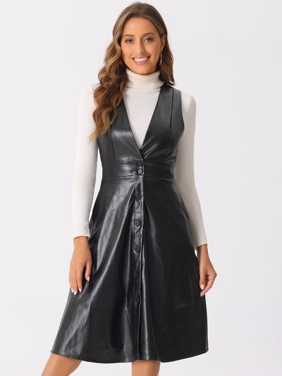 Faux Leather V Neck Sleeveless Button Down Midi Dress