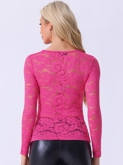 See Through Cut Out Long Sleeve Semi Sheer Fitted Lace Top