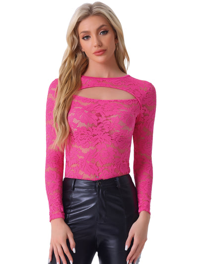 See Through Cut Out Long Sleeve Semi Sheer Fitted Lace Top