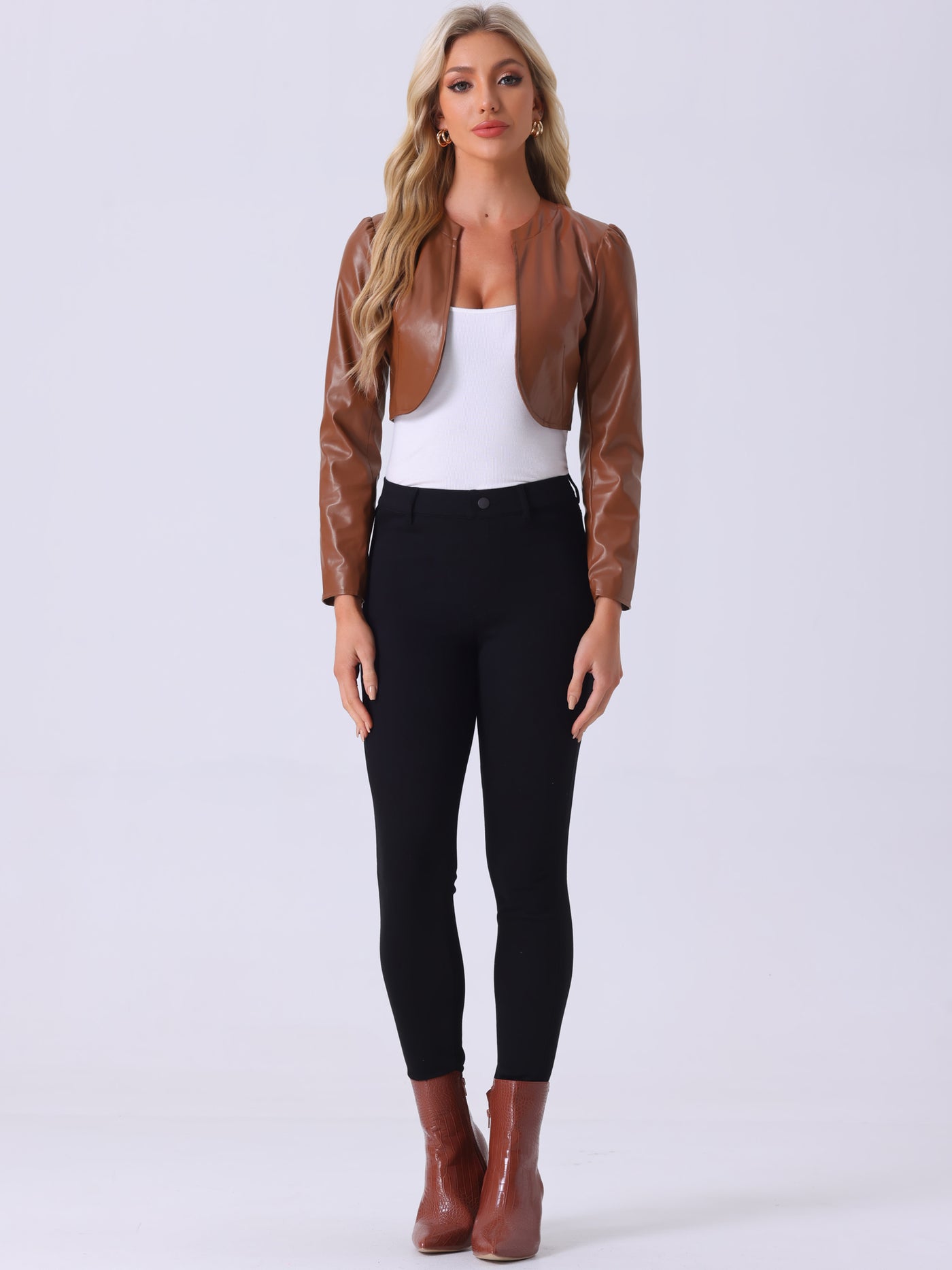 Allegra K PU Bolero Open Front Leather Cropped Long Sleeve Cardigan