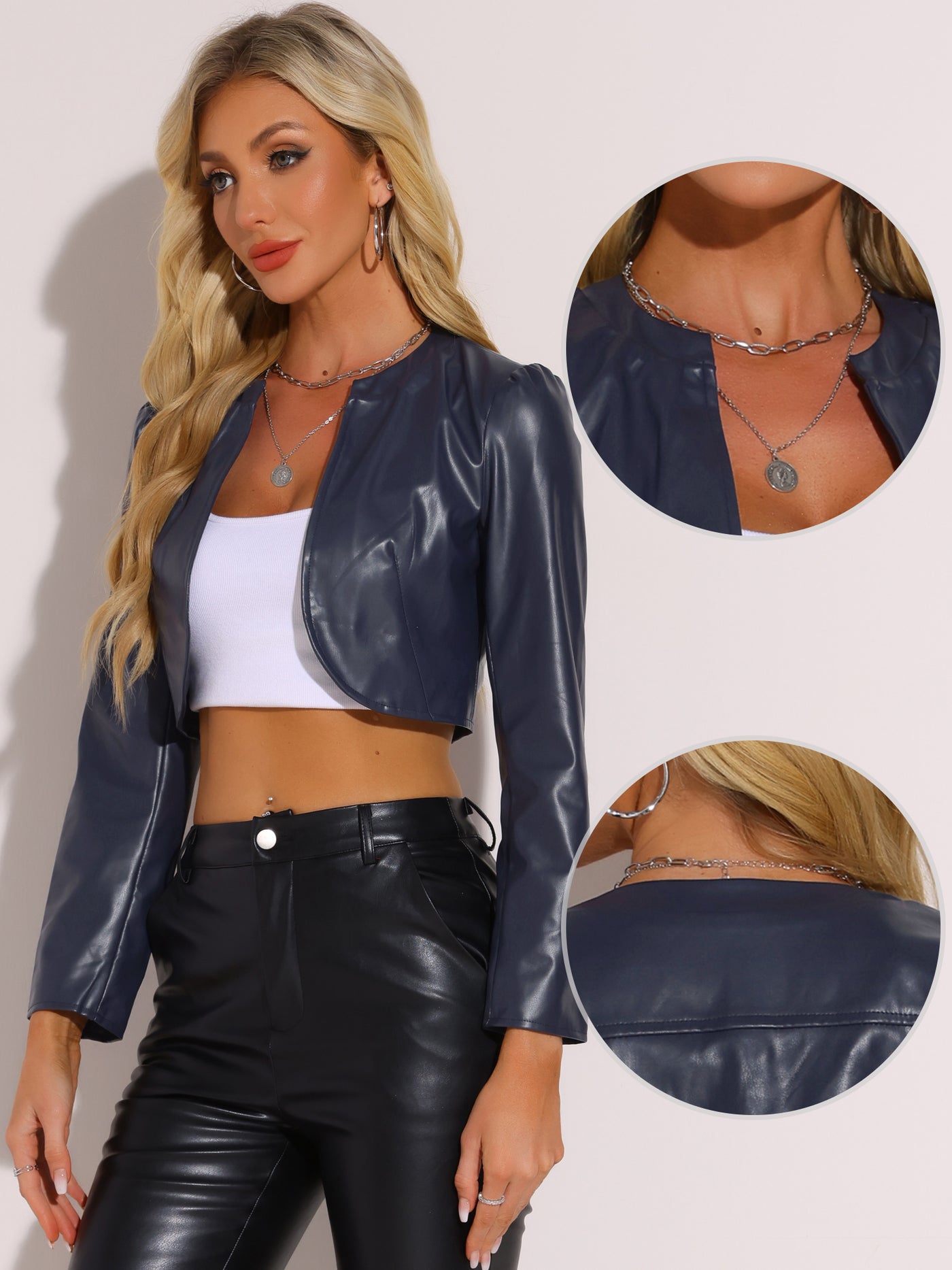 Allegra K PU Bolero Open Front Leather Cropped Long Sleeve Cardigan