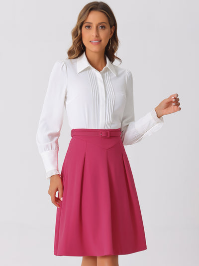 Women's A-Line Belted Waist Casual Midi Flare Pleated Skirt