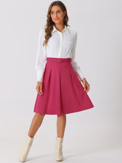 Women's A-Line Belted Waist Casual Midi Flare Pleated Skirt