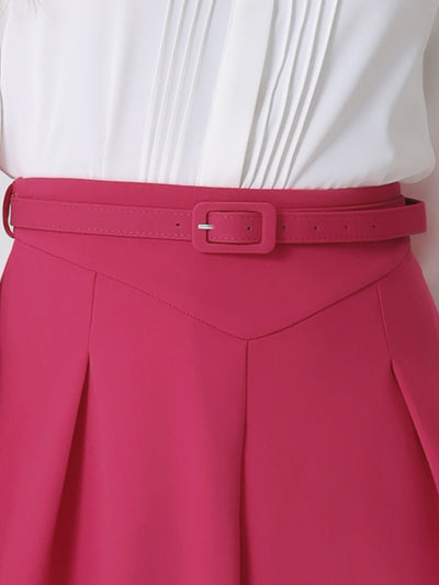 Women's A-Line Belted Waist Casual Midi Flare Pleated Skirt