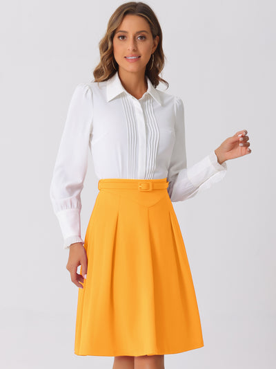 Women's A-Line Belted Waist Casual Midi Flare Pleated Skirt