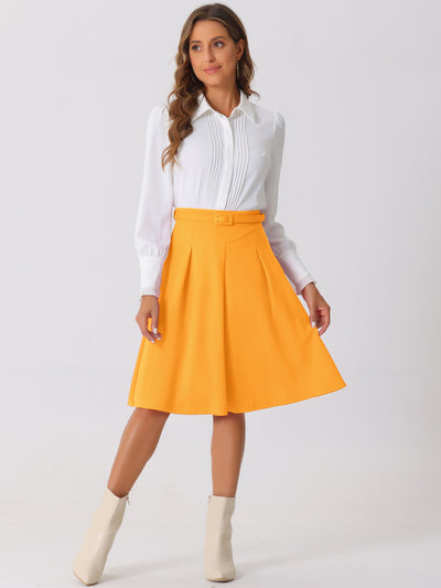 Women's A-Line Belted Waist Casual Midi Flare Pleated Skirt