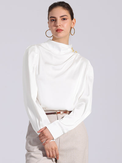 Mock Neck Ruched Button Decor Puff Sleeve Satin Blouse