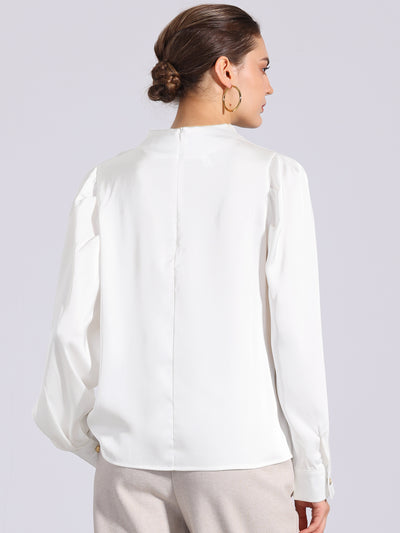 Mock Neck Ruched Button Decor Puff Sleeve Satin Blouse