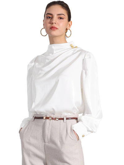 Mock Neck Ruched Button Decor Puff Sleeve Satin Blouse