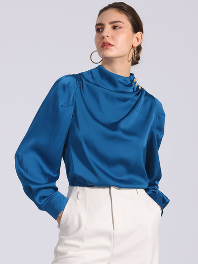 Mock Neck Ruched Button Decor Puff Sleeve Satin Blouse