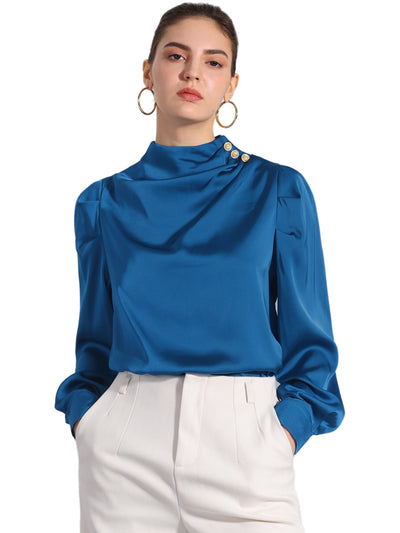 Mock Neck Ruched Button Decor Puff Sleeve Satin Blouse