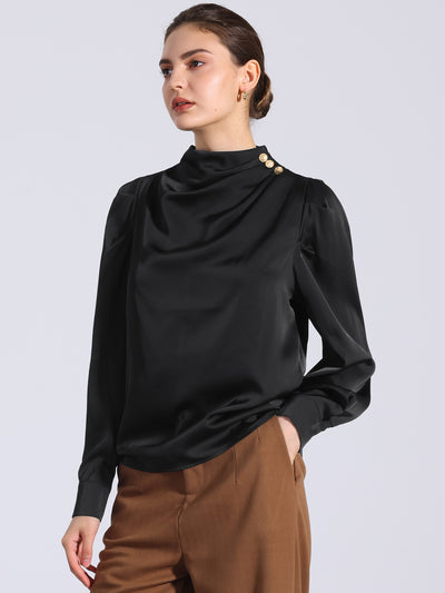 Mock Neck Ruched Button Decor Puff Sleeve Satin Blouse