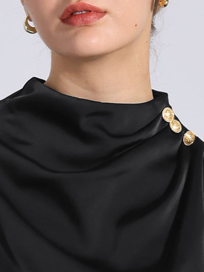 Mock Neck Ruched Button Decor Puff Sleeve Satin Blouse