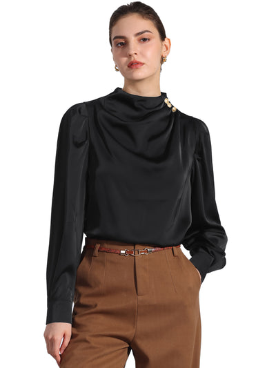 Mock Neck Ruched Button Decor Puff Sleeve Satin Blouse