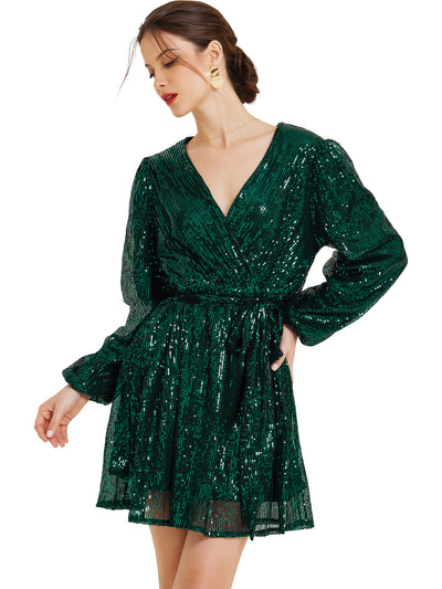 Glitter Sequin V Neck Long Sleeve Tie Waist A-Line Mini Dress