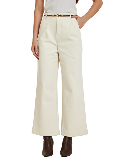 Wool Blend Wide Leg Zipper Pockets Belted Business Casual Pants